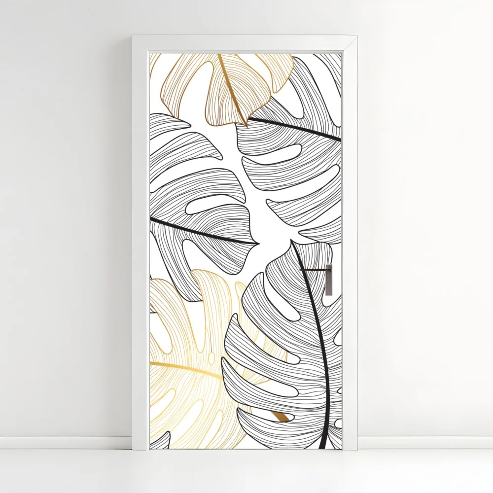 Naklejka na drzwi wzór liści monstera ze złotymi akcentami – Wallissimo® Naklejka na drzwi wzór liści monstera ze złotymi akcentami – Wallissimo®