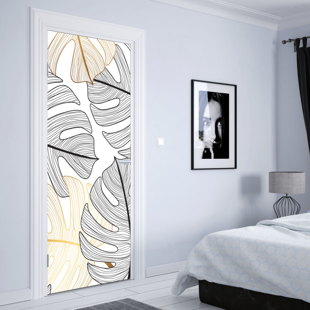 Naklejka na drzwi wzór liści monstera ze złotymi akcentami – Wallissimo® Naklejka na drzwi wzór liści monstera ze złotymi akcentami – Wallissimo®