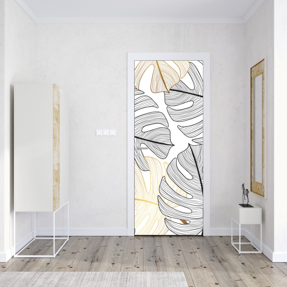 Naklejka na drzwi wzór liści monstera ze złotymi akcentami – Wallissimo® Naklejka na drzwi wzór liści monstera ze złotymi akcentami – Wallissimo®