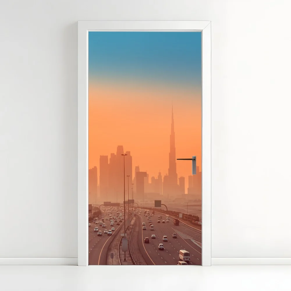 Naklejka na drzwi Dubaj panorama o wschodzie słońca – Wallissimo® Naklejka na drzwi Dubaj panorama o wschodzie słońca – Wallissimo®