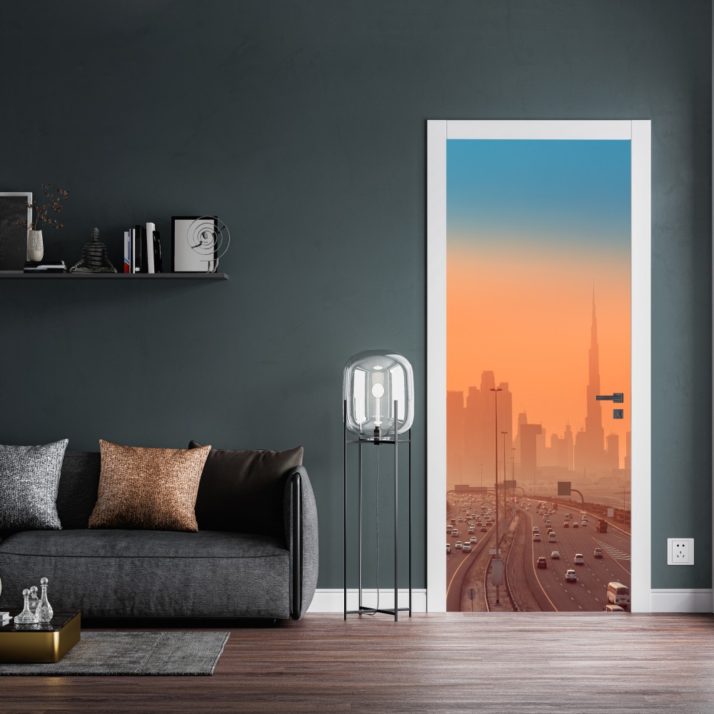 Naklejka na drzwi Dubaj panorama o wschodzie słońca – Wallissimo® Naklejka na drzwi Dubaj panorama o wschodzie słońca – Wallissimo®