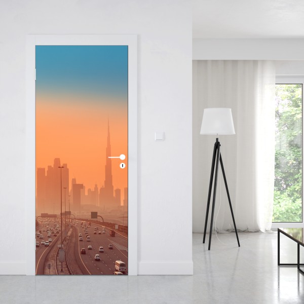 Naklejka na drzwi Dubaj panorama o wschodzie słońca – Wallissimo® Naklejka na drzwi Dubaj panorama o wschodzie słońca – Wallissimo®