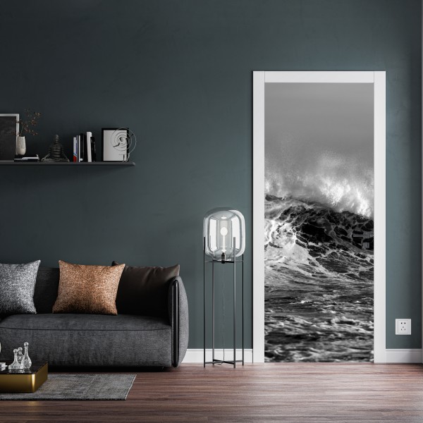 Naklejka na drzwi dramatyczna czarno-biała fala oceanu – Wallissimo® Naklejka na drzwi dramatyczna czarno-biała fala oceanu – Wallissimo®