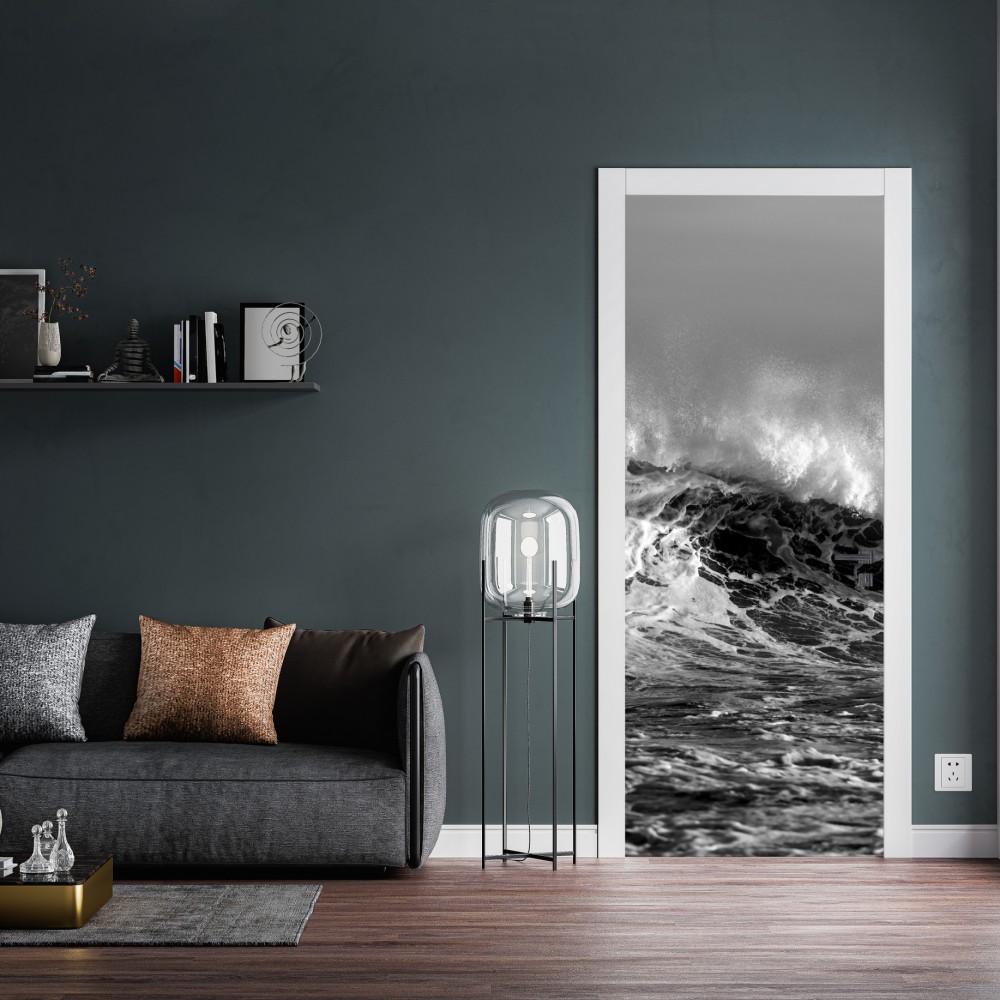 Naklejka na drzwi dramatyczna czarno-biała fala oceanu – Wallissimo® Naklejka na drzwi dramatyczna czarno-biała fala oceanu – Wallissimo®