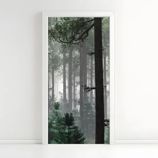 Naklejka na drzwi mglisty iglasty las