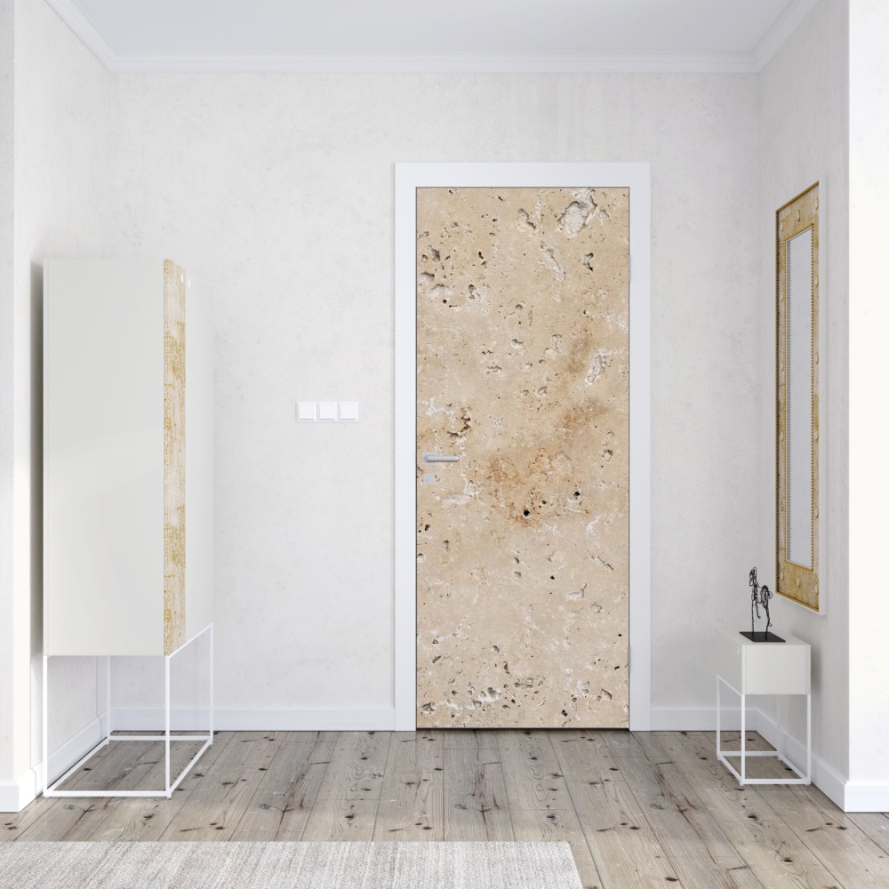 Naklejka na drzwi beżowa tekstura kamienia travertynu – Wallissimo® Naklejka na drzwi beżowa tekstura kamienia travertynu – Wallissimo®