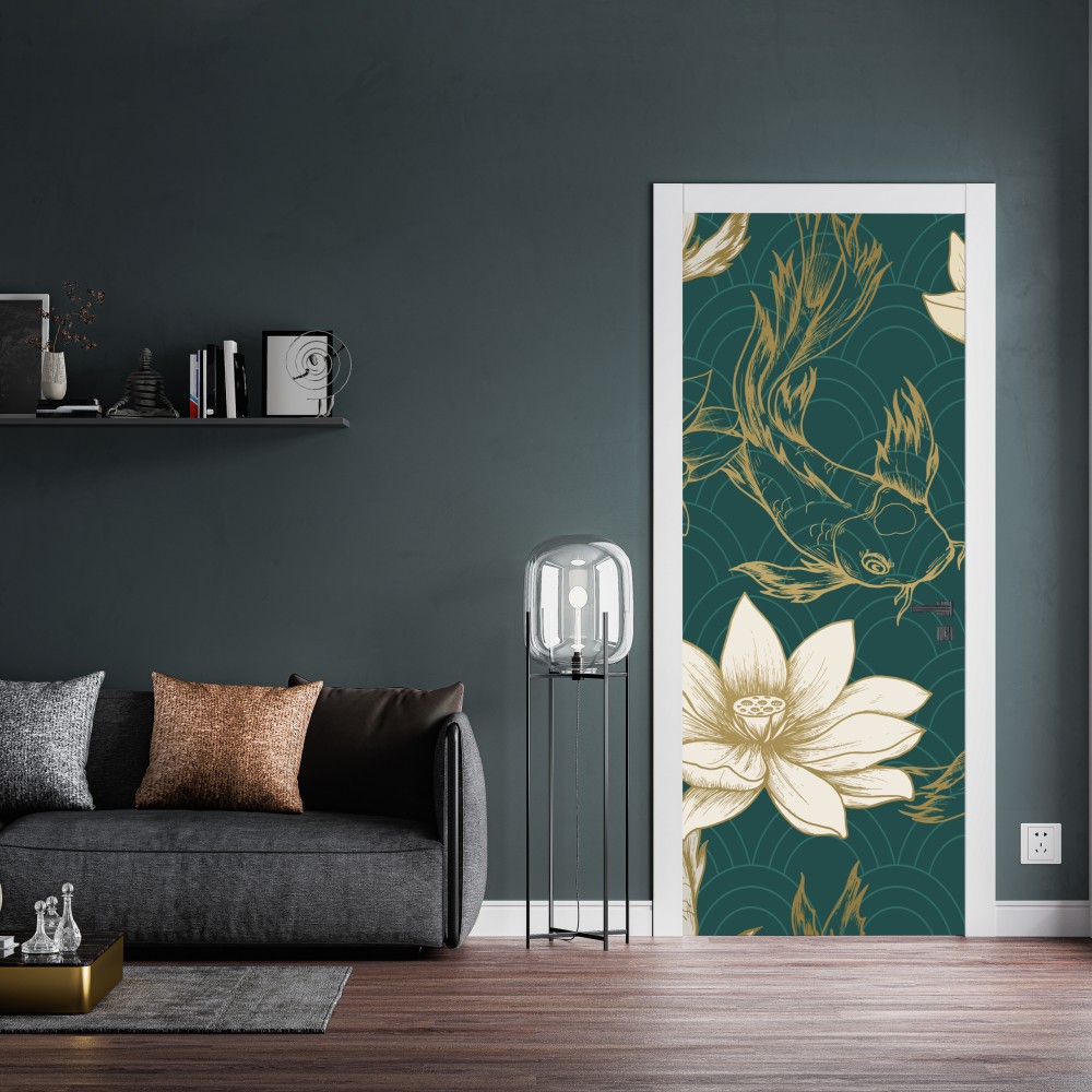 Naklejka na drzwi orientalny wzór koi i lotosów w turkusie i złocie – Wallissimo® Naklejka na drzwi orientalny wzór koi i lotosów w turkusie i złocie – Wallissimo®