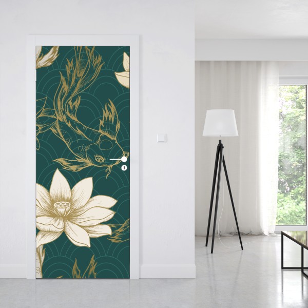 Naklejka na drzwi orientalny wzór koi i lotosów w turkusie i złocie – Wallissimo® Naklejka na drzwi orientalny wzór koi i lotosów w turkusie i złocie – Wallissimo®