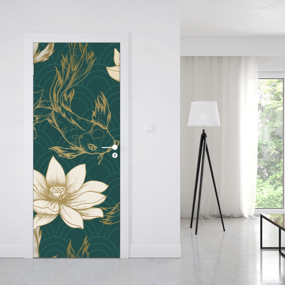 Naklejka na drzwi orientalny wzór koi i lotosów w turkusie i złocie – Wallissimo® Naklejka na drzwi orientalny wzór koi i lotosów w turkusie i złocie – Wallissimo®