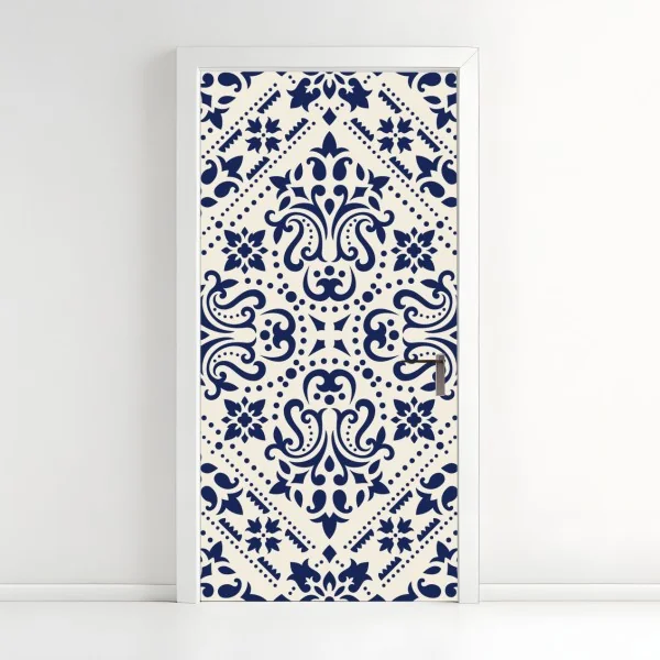 Naklejka na drzwi granatowy wzór damaskowy na płytkach