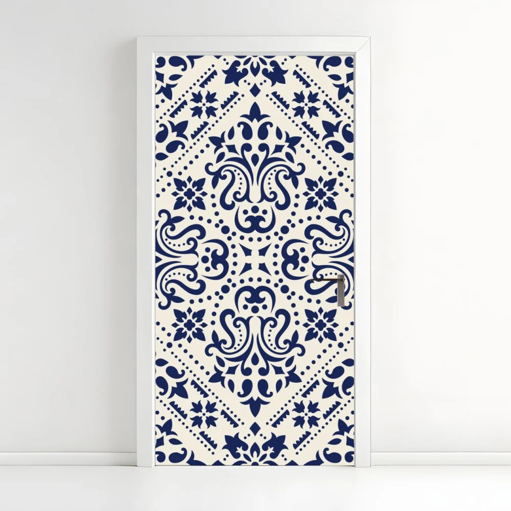 Naklejka na drzwi granatowy wzór damaskowy na płytkach – Wallissimo® Naklejka na drzwi granatowy wzór damaskowy na płytkach – Wallissimo®