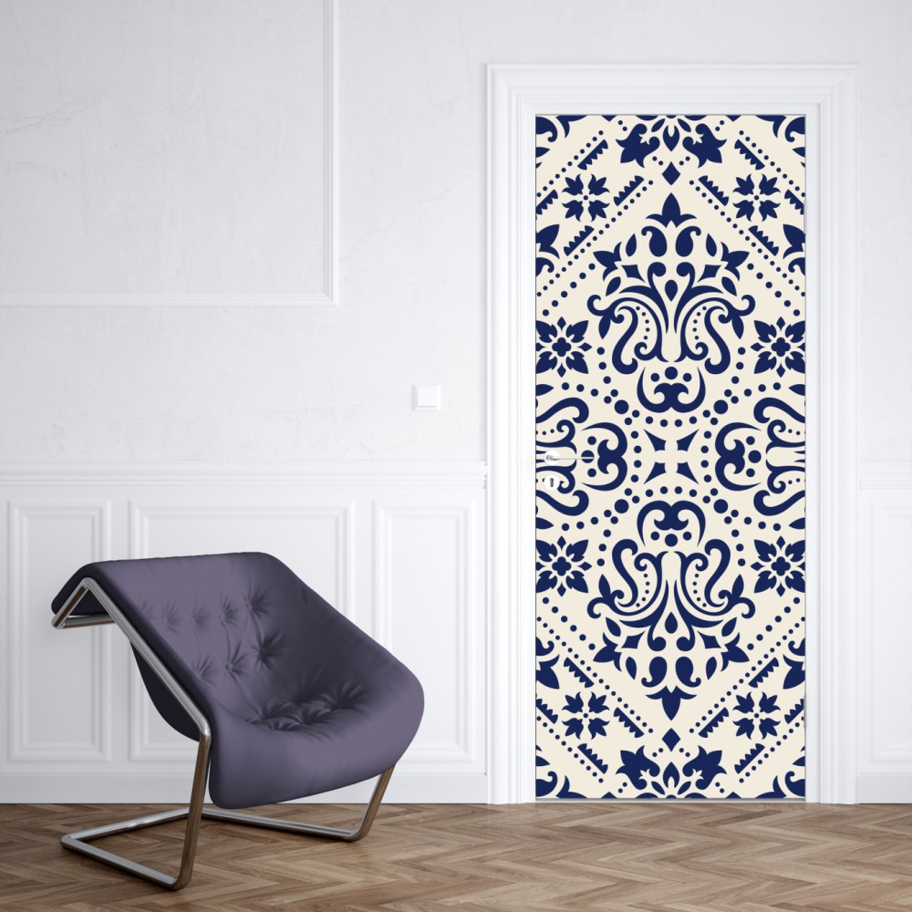 Naklejka na drzwi granatowy wzór damaskowy na płytkach – Wallissimo® Naklejka na drzwi granatowy wzór damaskowy na płytkach – Wallissimo®