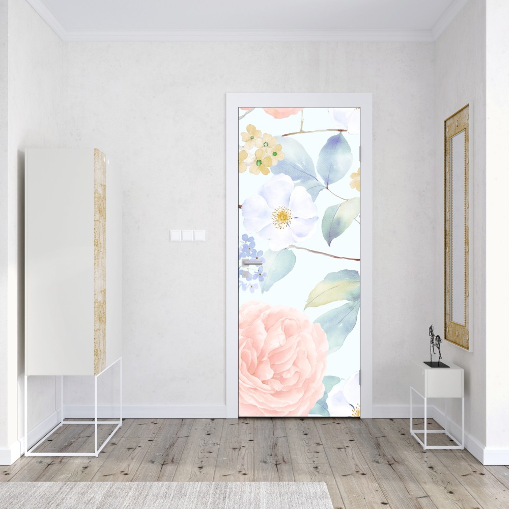 Naklejka na drzwi delikatne pastelowe kwiaty w akwareli – Wallissimo® Naklejka na drzwi delikatne pastelowe kwiaty w akwareli – Wallissimo®