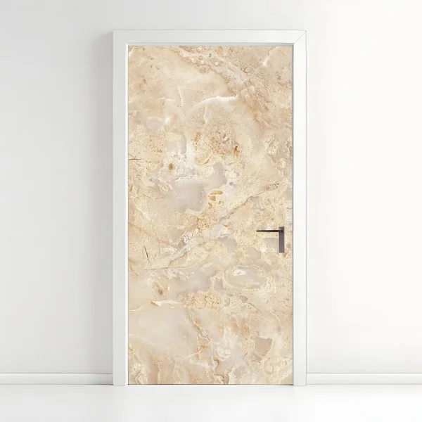 Naklejka na drzwi beżowa tekstura marmuru z naturalnymi żyłami
