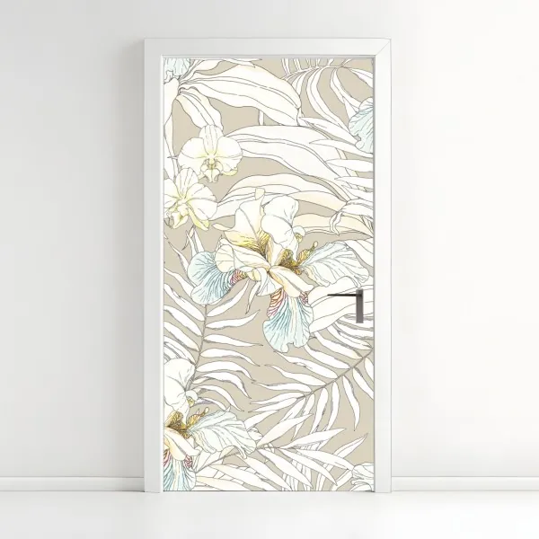 Naklejka na drzwi tropikalny wzór z kakadu i kwiatami
