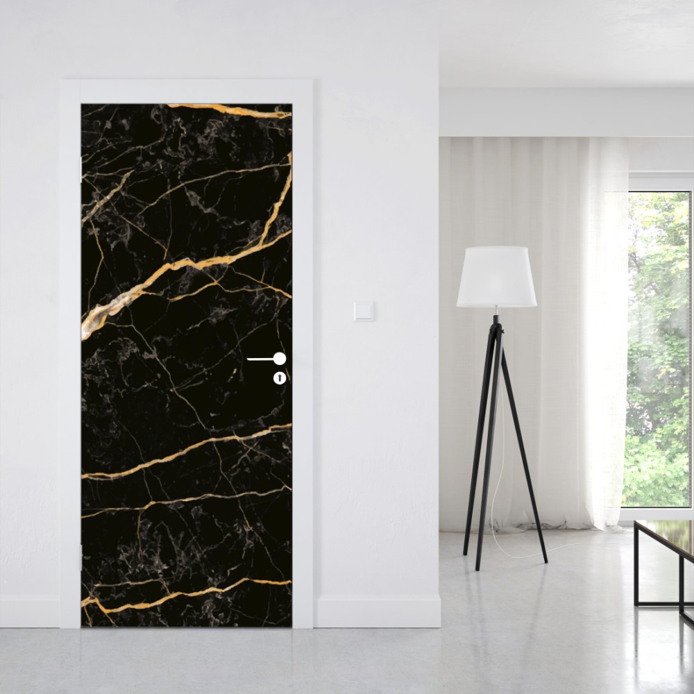 Naklejka na drzwi czarny marmur ze złotymi żyłami – Wallissimo® Naklejka na drzwi czarny marmur ze złotymi żyłami – Wallissimo®