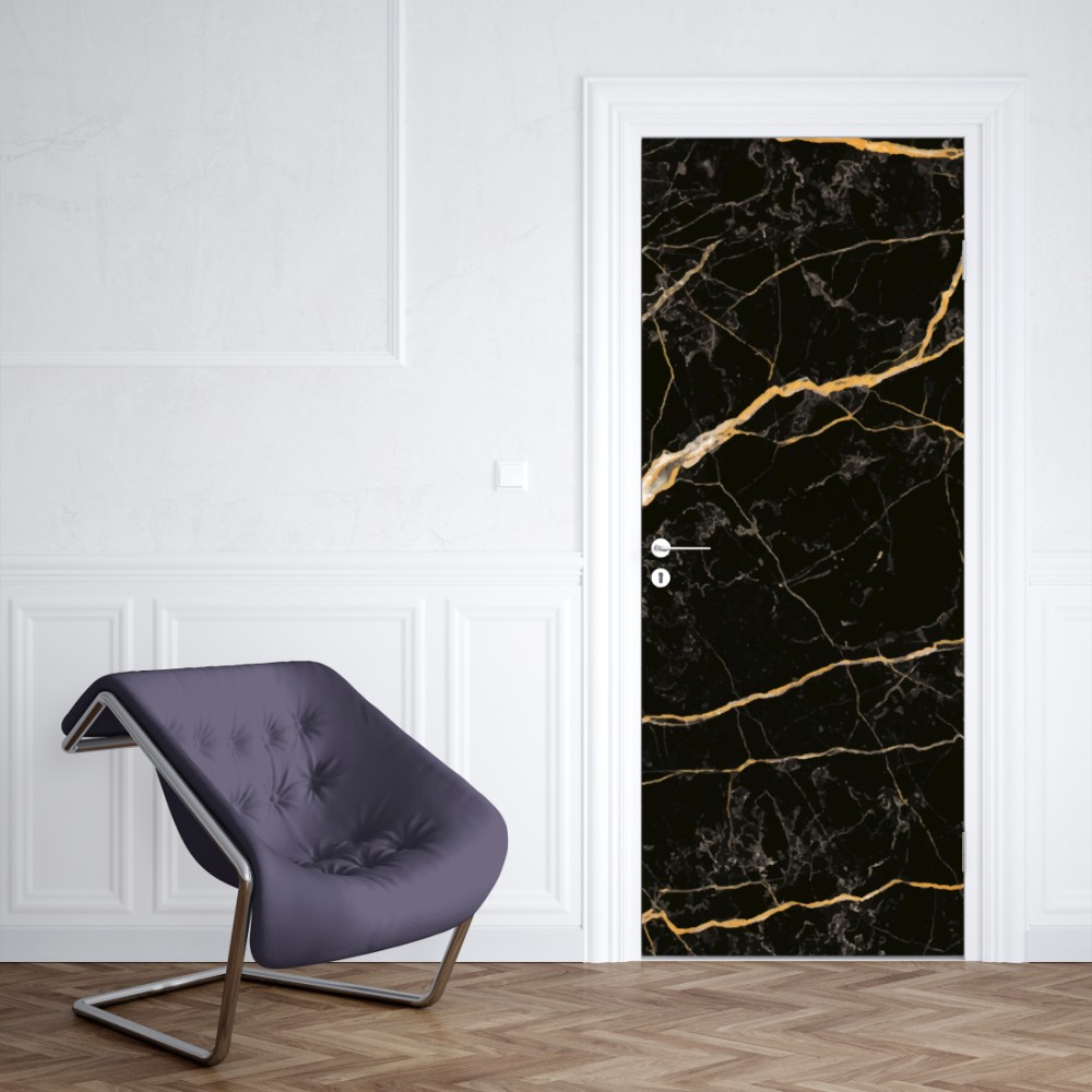 Naklejka na drzwi czarny marmur ze złotymi żyłami – Wallissimo® Naklejka na drzwi czarny marmur ze złotymi żyłami – Wallissimo®