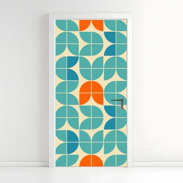 Naklejka na drzwi retro geometryczny wzór kafelkowy w turkusie i pomarańczy
