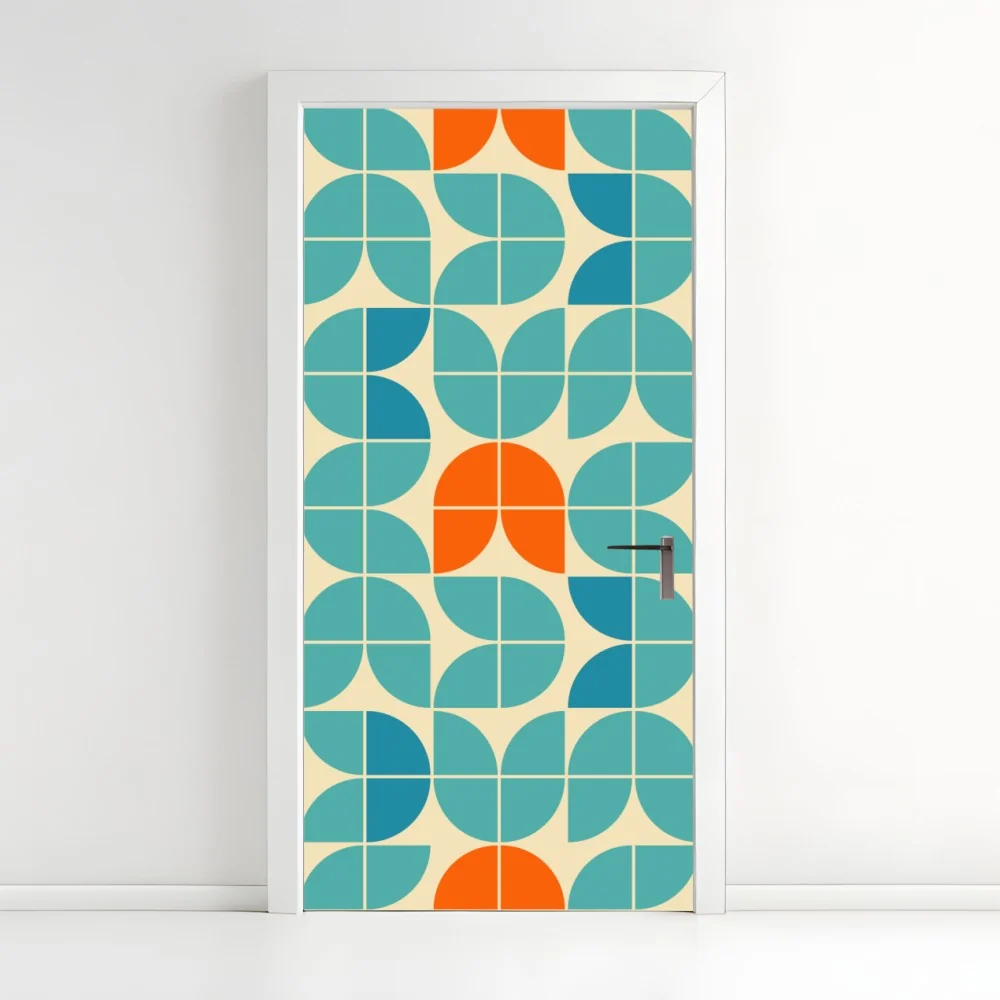 Naklejka na drzwi retro geometryczny wzór kafelkowy w turkusie i pomarańczy – Wallissimo® Naklejka na drzwi retro geometryczny wzór kafelkowy w turkusie i pomarańczy – Wallissimo®