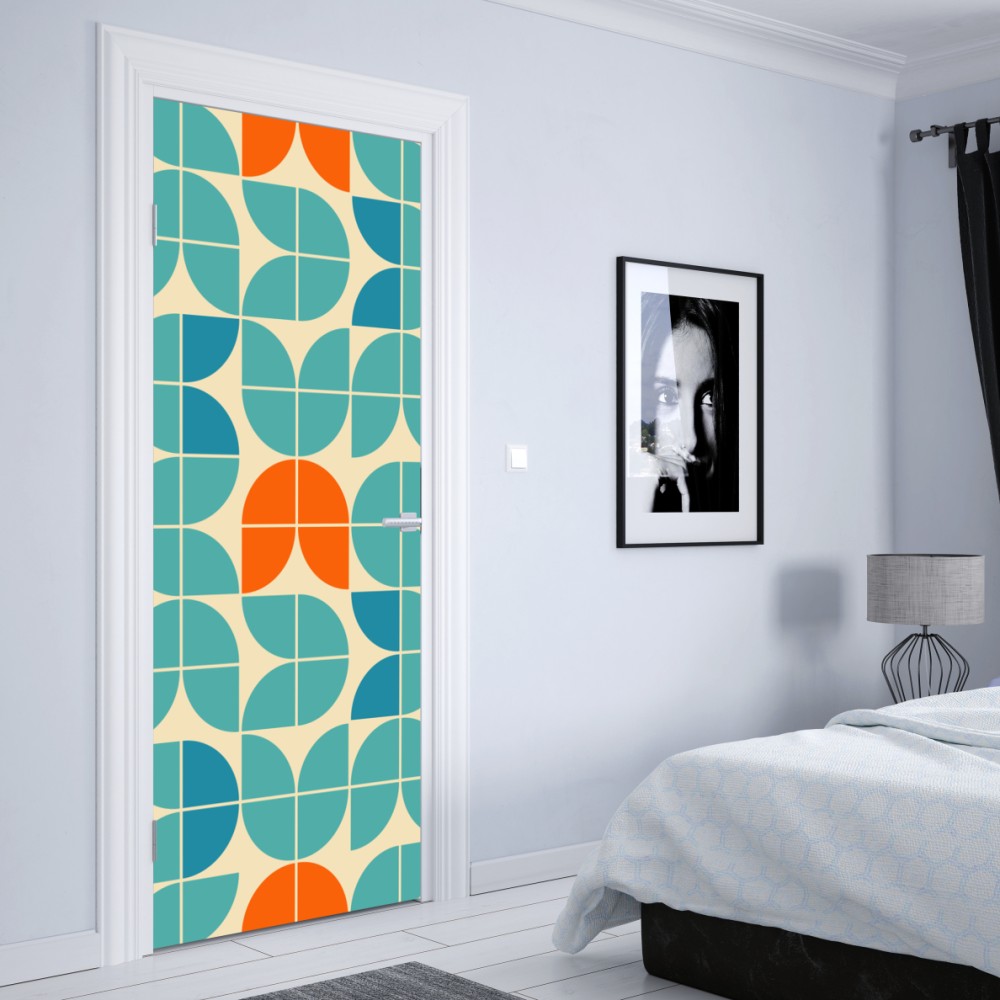 Naklejka na drzwi retro geometryczny wzór kafelkowy w turkusie i pomarańczy – Wallissimo® Naklejka na drzwi retro geometryczny wzór kafelkowy w turkusie i pomarańczy – Wallissimo®