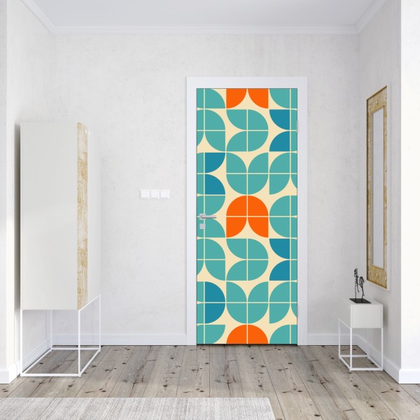 Naklejka na drzwi retro geometryczny wzór kafelkowy w turkusie i pomarańczy – Wallissimo® Naklejka na drzwi retro geometryczny wzór kafelkowy w turkusie i pomarańczy – Wallissimo®