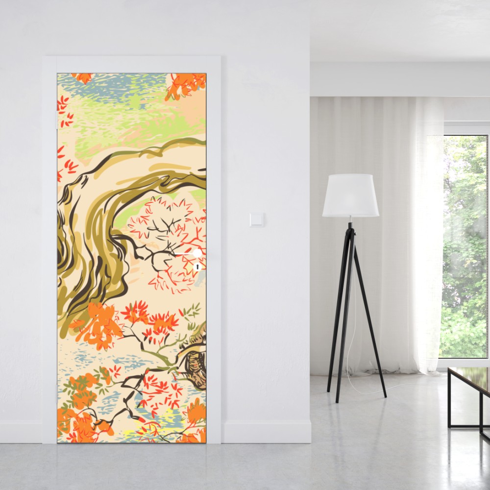 Naklejka na drzwi orientalny wzór z drzewami i liśćmi – Wallissimo® Naklejka na drzwi orientalny wzór z drzewami i liśćmi – Wallissimo®