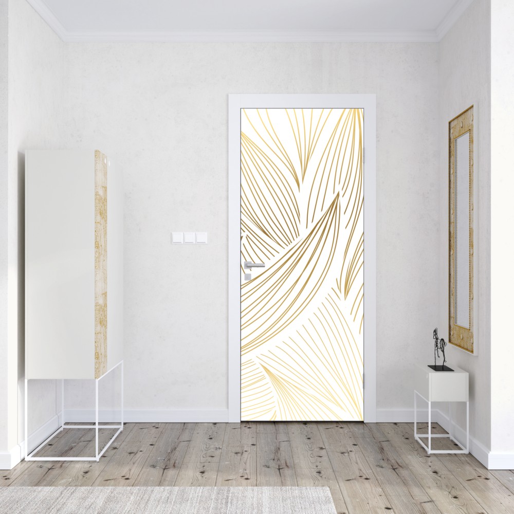 Naklejka na drzwi złote liście w liniowej grafice – Wallissimo® Naklejka na drzwi złote liście w liniowej grafice – Wallissimo®