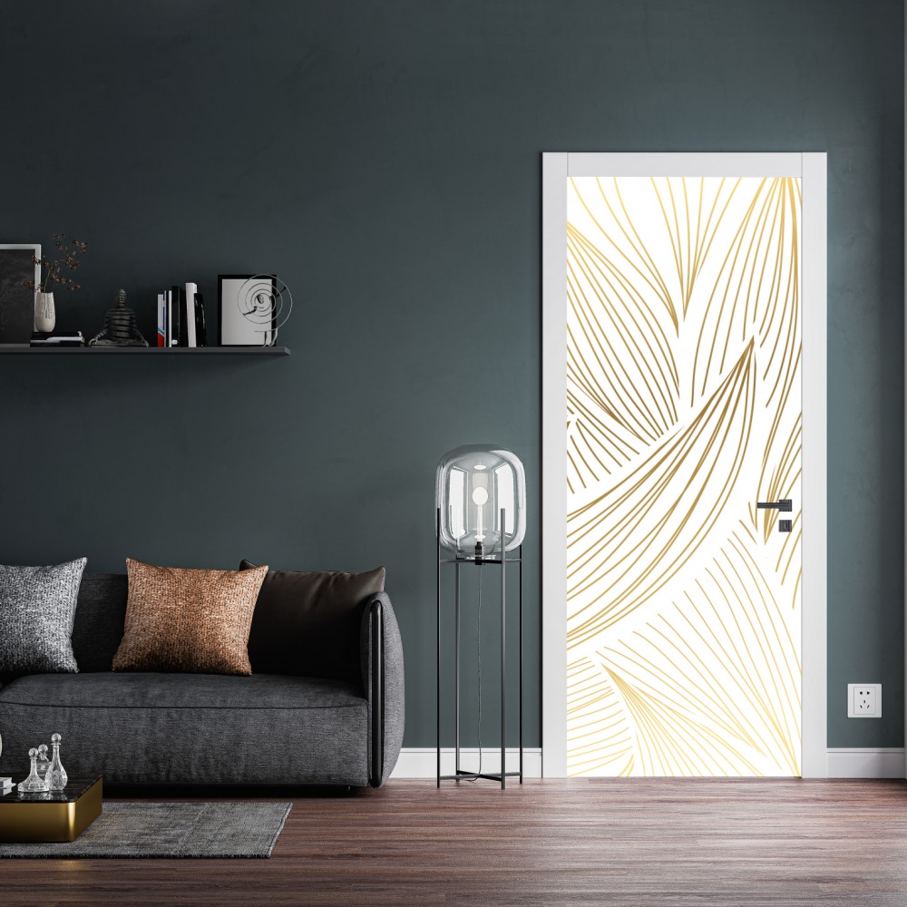 Naklejka na drzwi złote liście w liniowej grafice – Wallissimo® Naklejka na drzwi złote liście w liniowej grafice – Wallissimo®