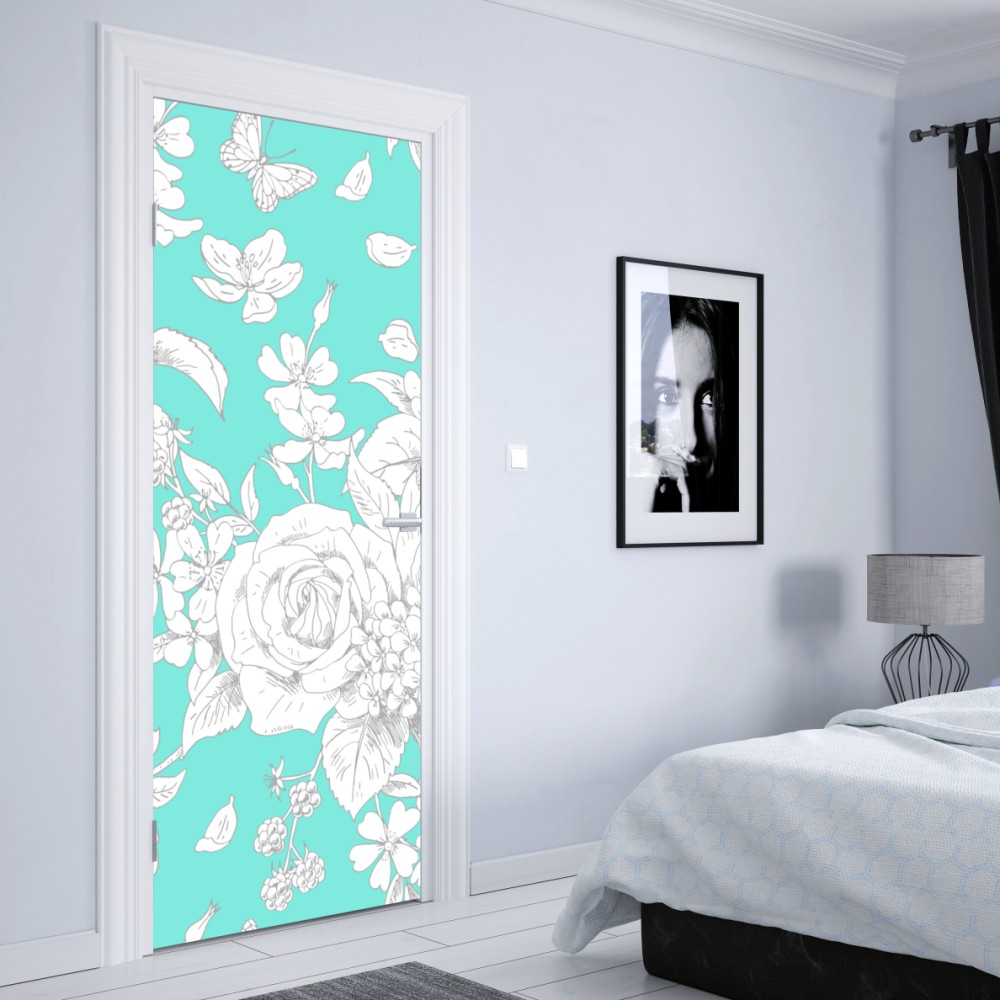 Naklejka na drzwi turkusowy wzór botaniczny z kwiatami – Wallissimo® Naklejka na drzwi turkusowy wzór botaniczny z kwiatami – Wallissimo®