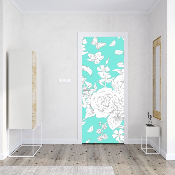 Naklejka na drzwi turkusowy wzór botaniczny z kwiatami – Wallissimo® Naklejka na drzwi turkusowy wzór botaniczny z kwiatami – Wallissimo®