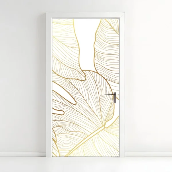 Naklejka na drzwi złote botaniczne rysunki liści