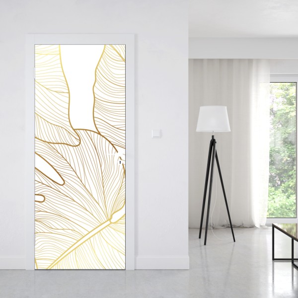 Naklejka na drzwi złote botaniczne rysunki liści – Wallissimo® Naklejka na drzwi złote botaniczne rysunki liści – Wallissimo®
