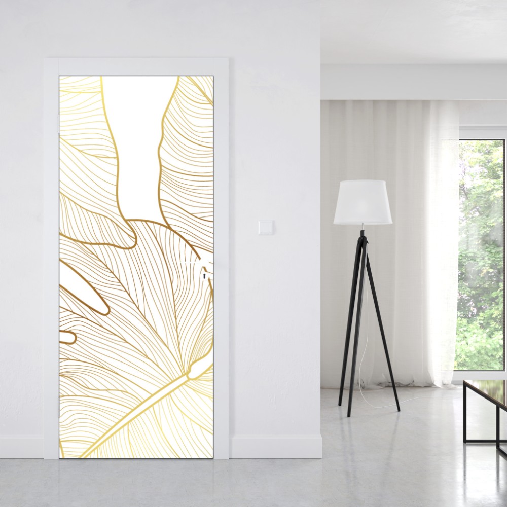 Naklejka na drzwi złote botaniczne rysunki liści – Wallissimo® Naklejka na drzwi złote botaniczne rysunki liści – Wallissimo®