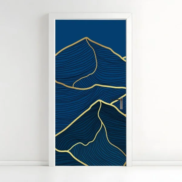 Naklejka na drzwi złote linie górskie na granatowym tle