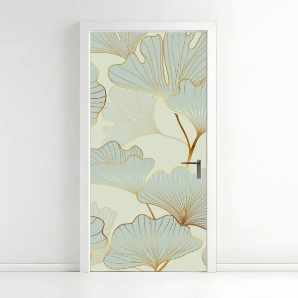 Naklejka na drzwi pastelowy wzór liści miłorzębu ze złotymi akcentami
