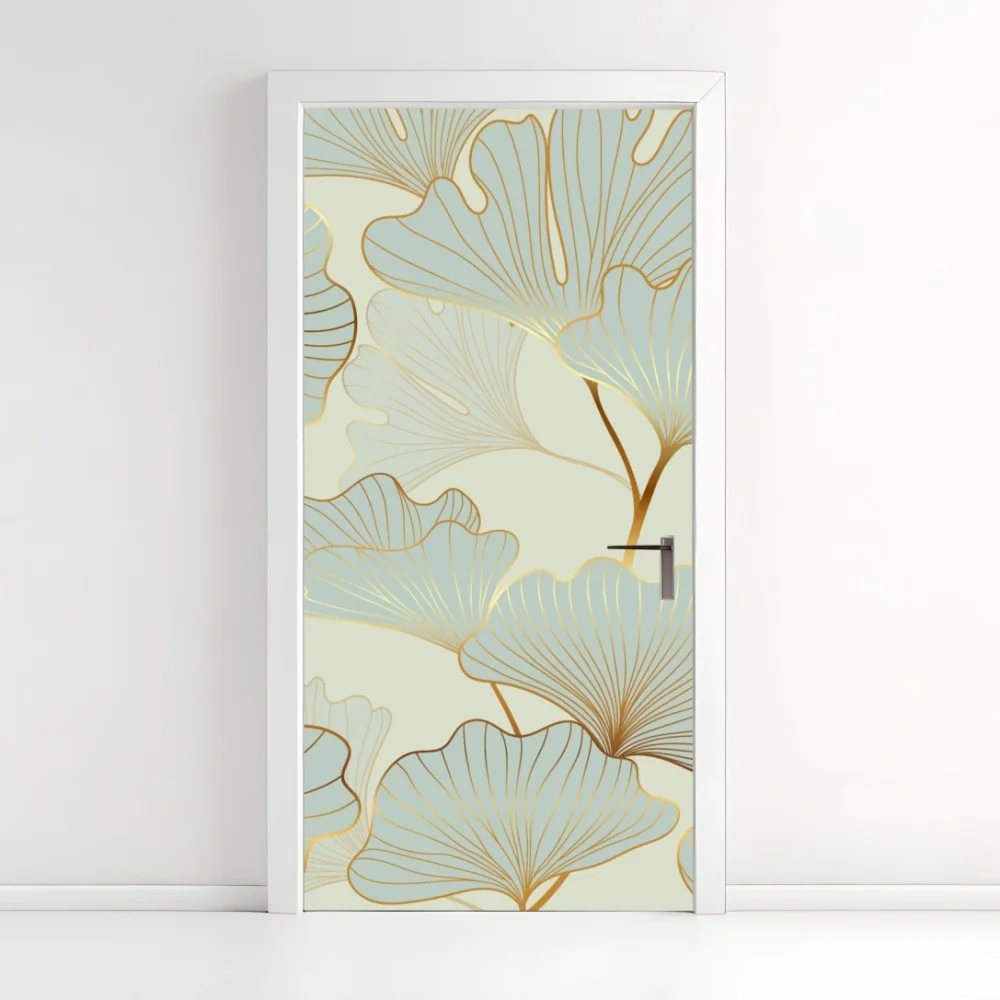 Naklejka na drzwi pastelowy wzór liści miłorzębu ze złotymi akcentami – Wallissimo® Naklejka na drzwi pastelowy wzór liści miłorzębu ze złotymi akcentami – Wallissimo®