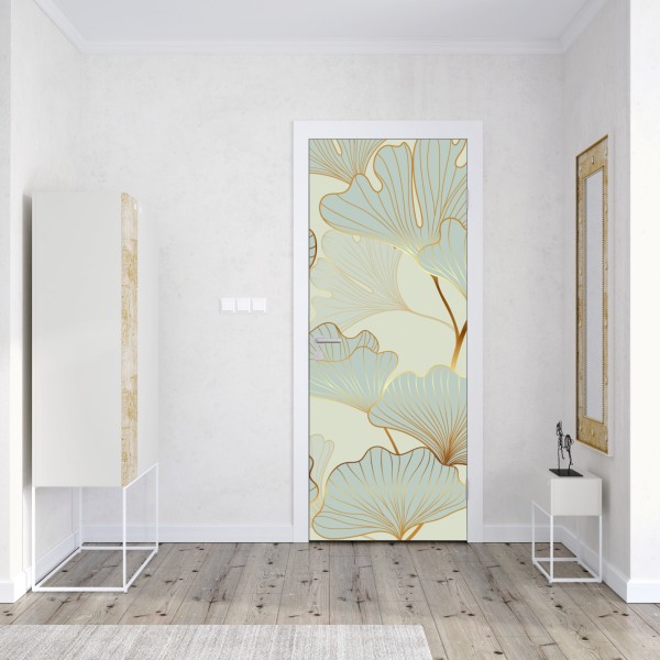 Naklejka na drzwi pastelowy wzór liści miłorzębu ze złotymi akcentami – Wallissimo® Naklejka na drzwi pastelowy wzór liści miłorzębu ze złotymi akcentami – Wallissimo®