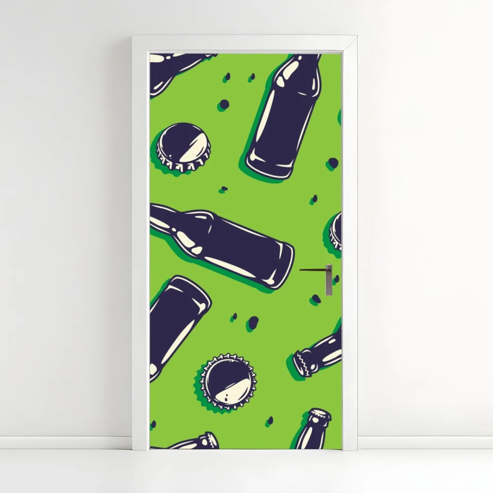 Naklejka na drzwi wzór butelek piwa w stylu pop art na zielonym tle – Wallissimo® Naklejka na drzwi wzór butelek piwa w stylu pop art na zielonym tle – Wallissimo®