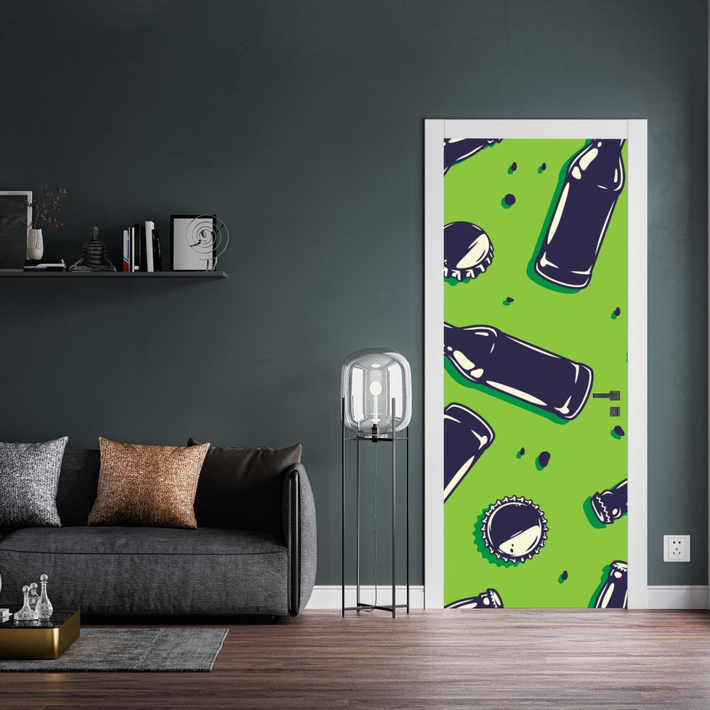 Naklejka na drzwi wzór butelek piwa w stylu pop art na zielonym tle – Wallissimo® Naklejka na drzwi wzór butelek piwa w stylu pop art na zielonym tle – Wallissimo®