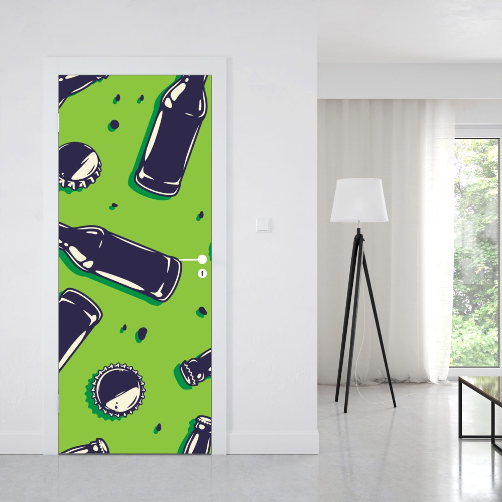 Naklejka na drzwi wzór butelek piwa w stylu pop art na zielonym tle – Wallissimo® Naklejka na drzwi wzór butelek piwa w stylu pop art na zielonym tle – Wallissimo®