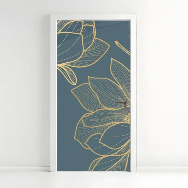 Naklejka na drzwi złota magnolia na turkusowym tle