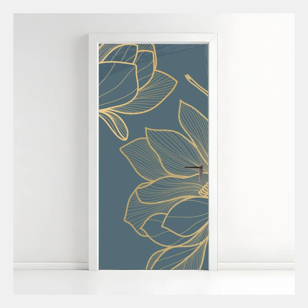 Naklejka na drzwi złota magnolia na turkusowym tle – Wallissimo® Naklejka na drzwi złota magnolia na turkusowym tle – Wallissimo®
