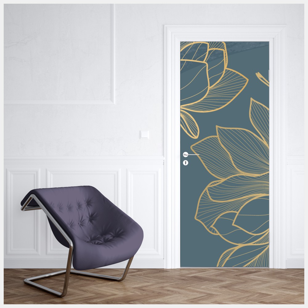 Naklejka na drzwi złota magnolia na turkusowym tle – Wallissimo® Naklejka na drzwi złota magnolia na turkusowym tle – Wallissimo®
