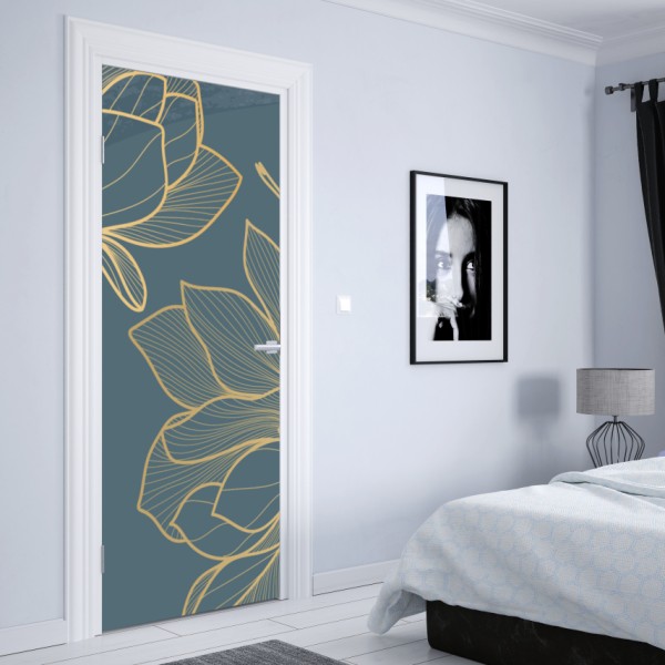 Naklejka na drzwi złota magnolia na turkusowym tle – Wallissimo® Naklejka na drzwi złota magnolia na turkusowym tle – Wallissimo®