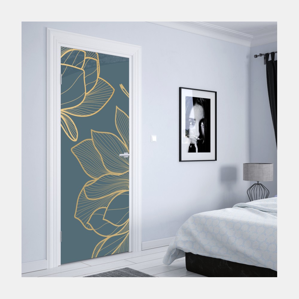 Naklejka na drzwi złota magnolia na turkusowym tle – Wallissimo® Naklejka na drzwi złota magnolia na turkusowym tle – Wallissimo®