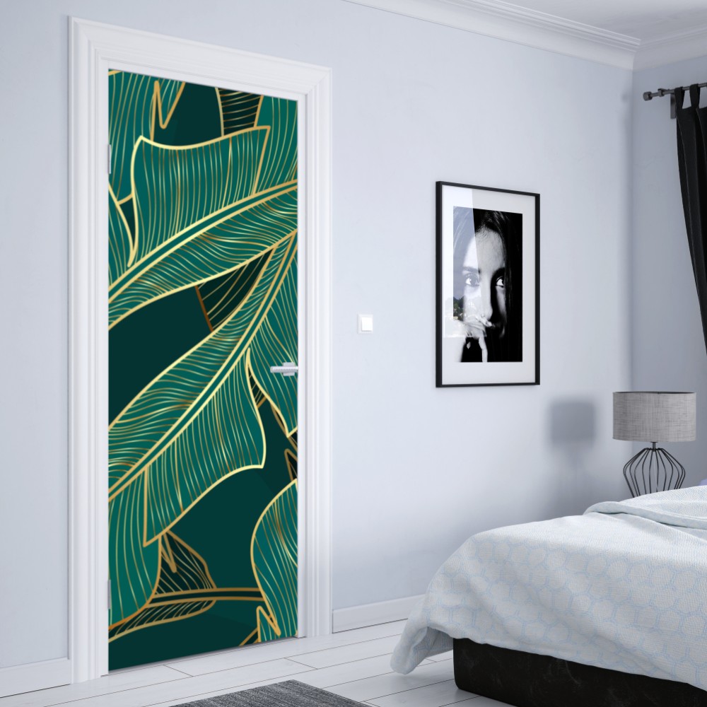 Naklejka na drzwi złote tropikalne liście bananowca – Wallissimo® Naklejka na drzwi złote tropikalne liście bananowca – Wallissimo®