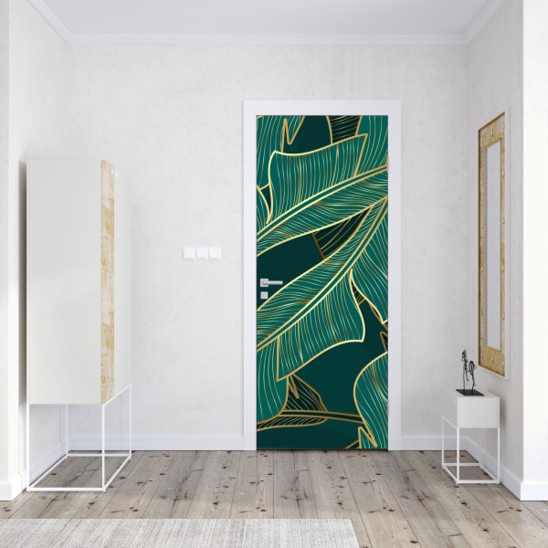 Naklejka na drzwi złote tropikalne liście bananowca – Wallissimo® Naklejka na drzwi złote tropikalne liście bananowca – Wallissimo®