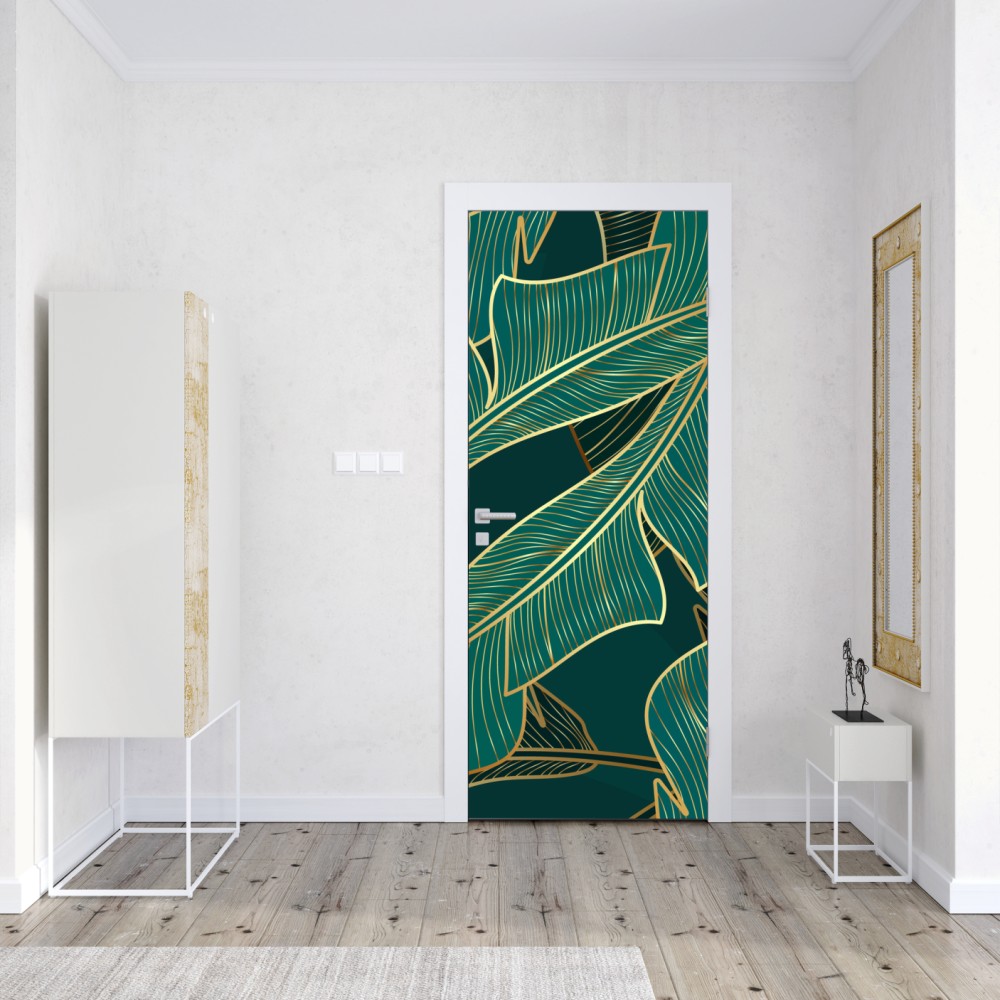 Naklejka na drzwi złote tropikalne liście bananowca – Wallissimo® Naklejka na drzwi złote tropikalne liście bananowca – Wallissimo®