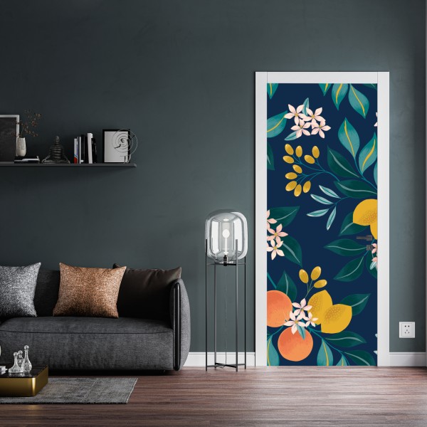 Naklejka na drzwi elegancki wzór z pawiem i kwiatami na różowym tle – Wallissimo®