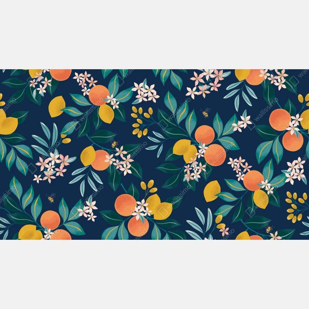 Naklejka na drzwi botaniczny wzór z kwiatami cytrusów na granatowym tle – Wallissimo® Naklejka na drzwi botaniczny wzór z kwiatami cytrusów na granatowym tle – Wallissimo®